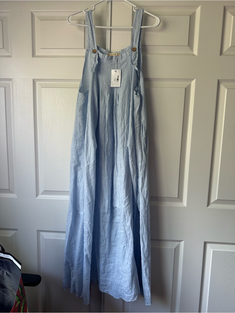 Light Blue Linen Maxi Pinafore Dress with Adjustable Straps